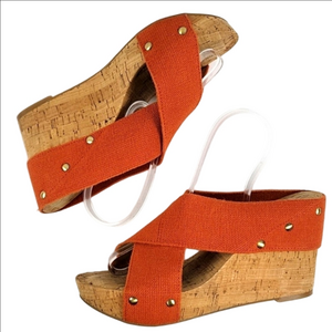 Lucky Brand Miller 2 Orange Slip-on Criss-Cross Strap Platform Cork Wedge Sandal